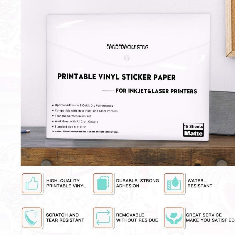 JANDJPACKAGING Printable Vinyl Sticker Paper - Waterproof Printable Vinyl for Laser & Inkjet Printer 15 Self-Adhesive Sheets - Matte White - Standard Letter Size 8.5"x11" - Image 2